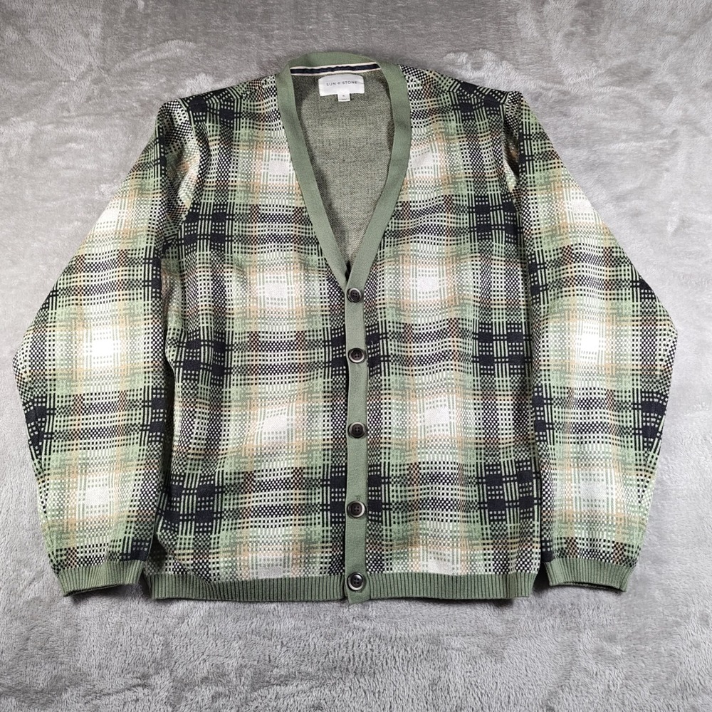 Sun Stone Cardigan Mens XL Green Plaid V Neck Knit Sweater Academia Preppy